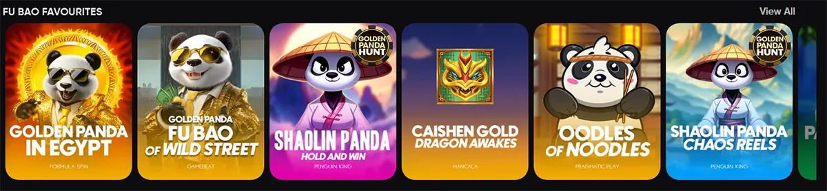“Fu Bao Favourites” game carousel showing panda-themed slot tiles: Golden Panda in Egypt, Fu Bao of Wild Street, Shaolin Panda Hold and Win, Caishen Gold Dragon Awakes, Oodles of Noodles, and Shaolin Panda Chaos Reels, with a “View All” link.