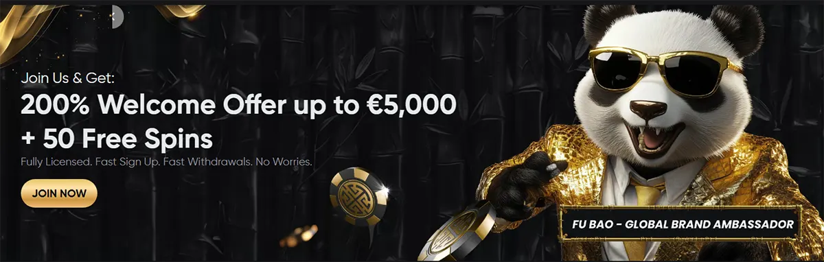 Golden Panda promo banner featuring a panda in sunglasses and a gold suit, with the text “200% Welcome Offer up to €5,000 + 50 Free Spins” and a “Join Now” button on a dark bamboo-themed background.