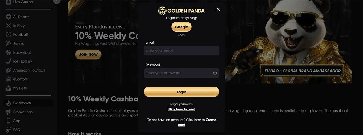 Golden Panda casino website screenshot with a centred login modal showing Google login, email and password fields, a gold “Login” button, and reset/create account links, over a dark bamboo background with the Fu Bao panda mascot in a gold suit.